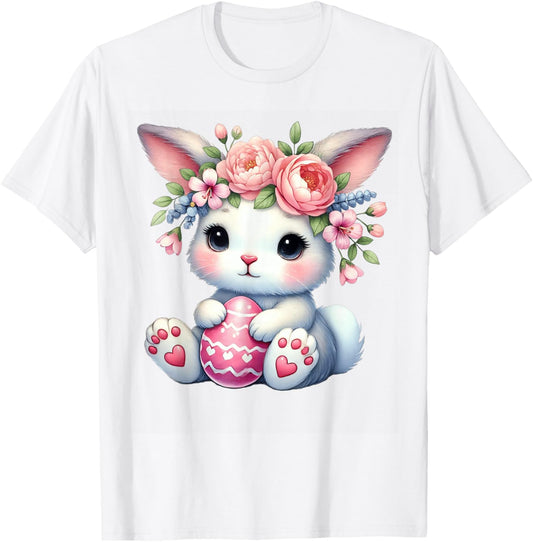 Easter Bunny with Flower Crown Girls Women Floral Cute T-Shirt - T-Shirt | White