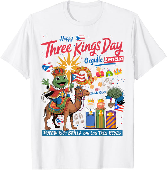 Three Kings Day Puerto Rican Kids Idea & Coqui Frog Boricua T-Shirt - T-Shirt | White