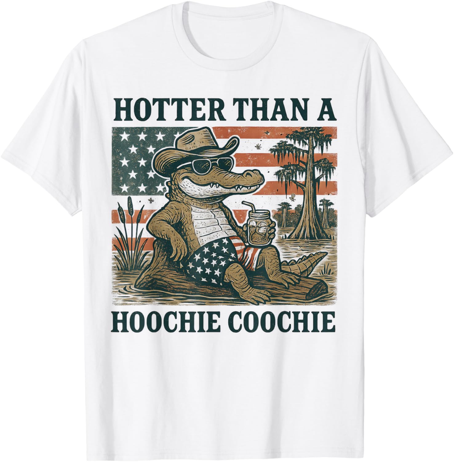 Hoochie Coochie Alligator Funny Patriotic Gator Southern USA T-Shirt - T-Shirt | White