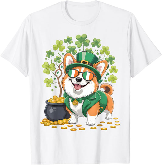 St Patricks Day Corgi Dog Shamrock Tree Leprechaun Hat T-Shirt - T-Shirt | White
