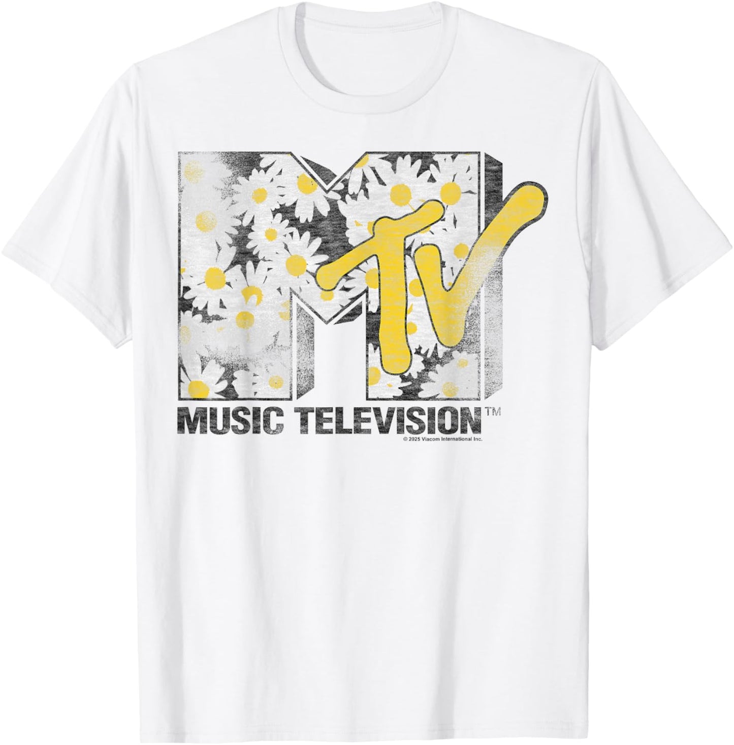 MTV Classic Distressed Logo Filled with Daisy Pattern T-Shirt - T-Shirt | White