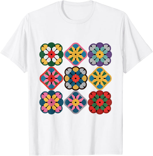 Colorful Granny Square Pattern Mandala Retro Crochet T-Shirt - T-Shirt | White