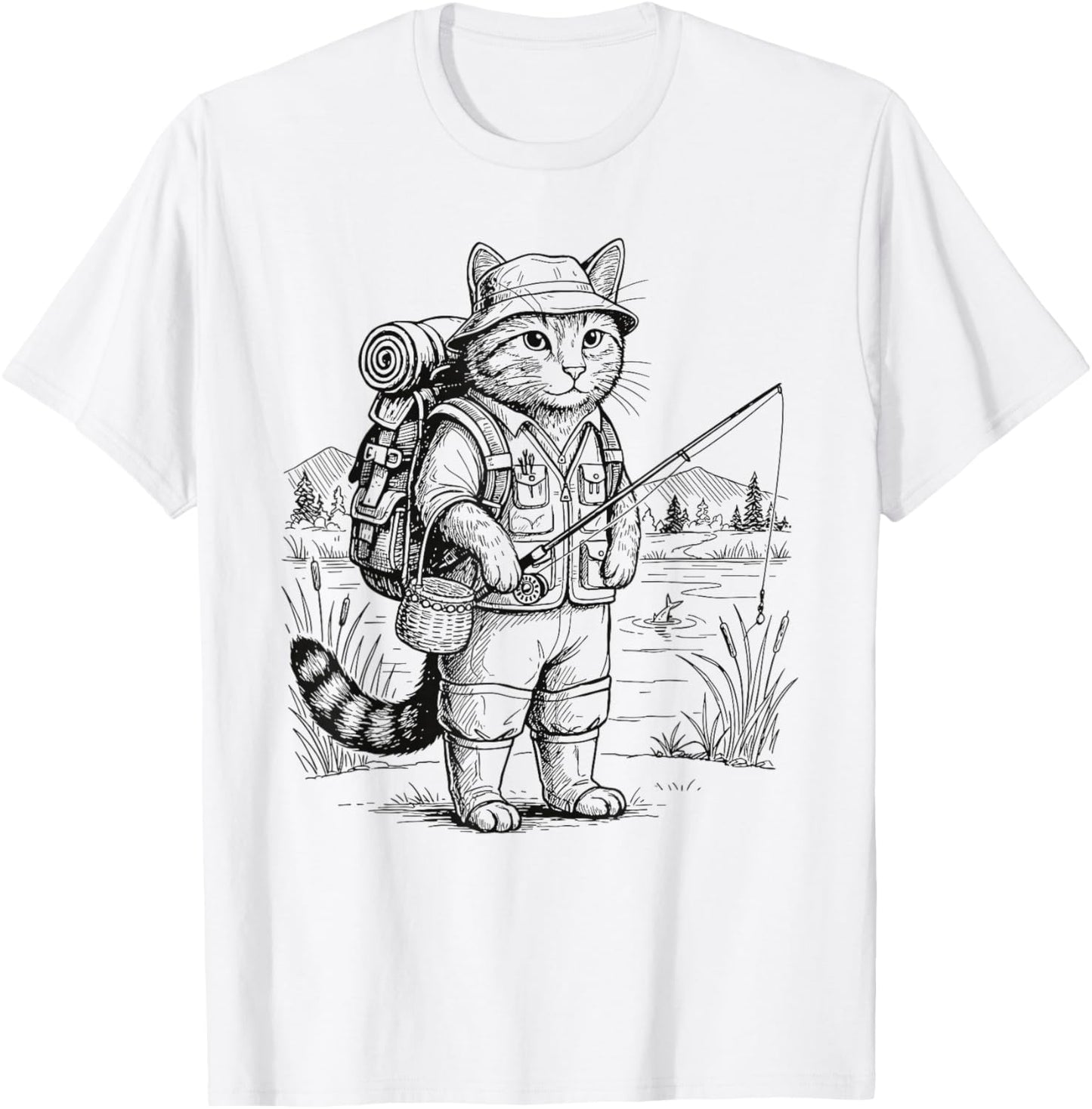 Fish Cat Fisherman T-Shirt - T-Shirt | White
