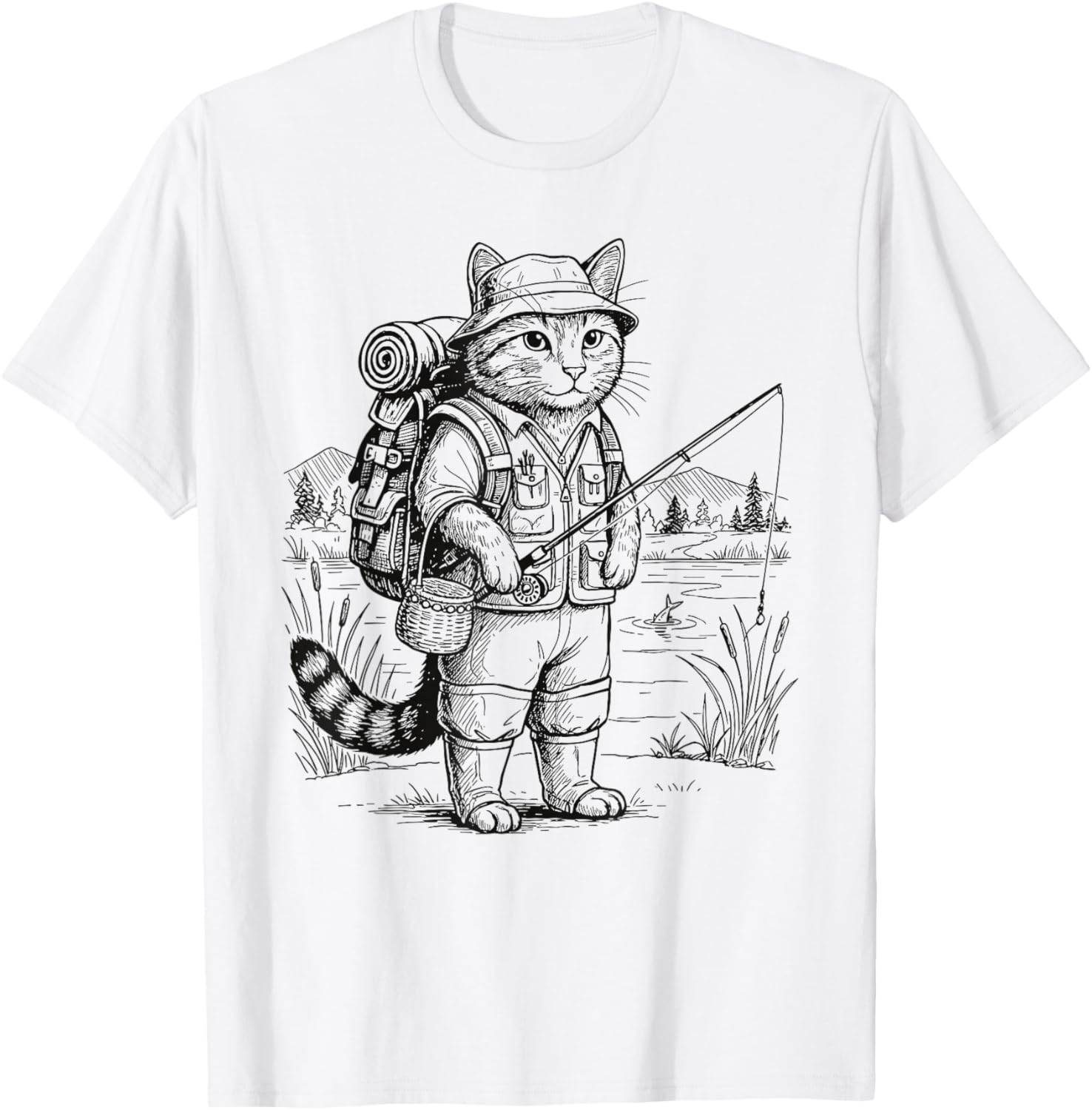 Fish Cat Fisherman T-Shirt - T-Shirt | White