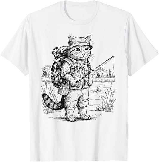 Fish Cat Fisherman T-Shirt - T-Shirt | White