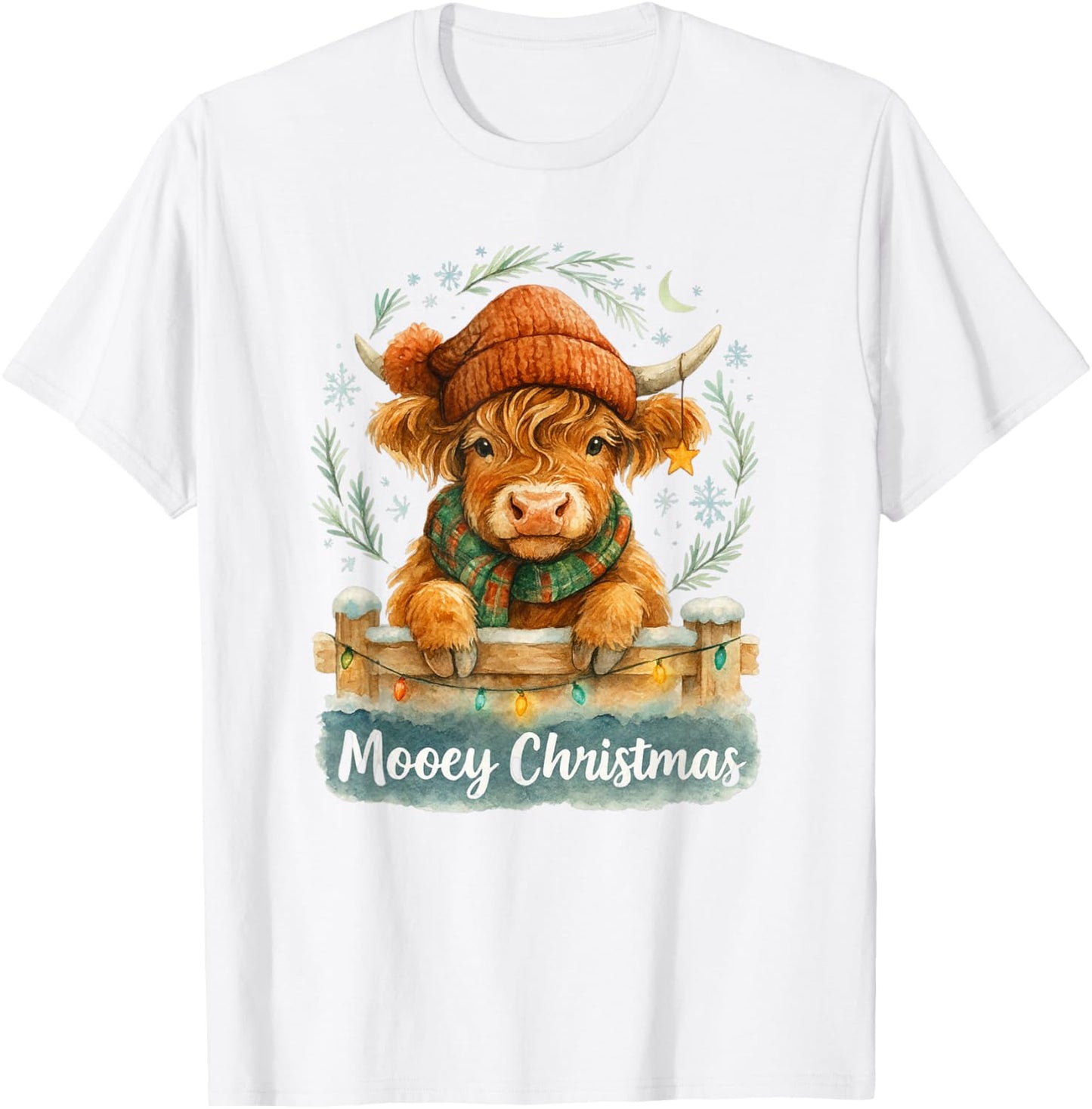 Mooey Christmas Highland Cow Winter Watercolor T-Shirt - T-Shirt | White
