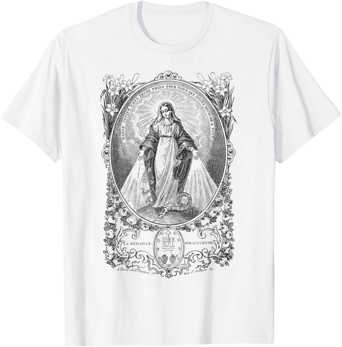 Miraculous Medal Our Lady Mary Marian Vintage Catholic Art T-Shirt - T-Shirt | White