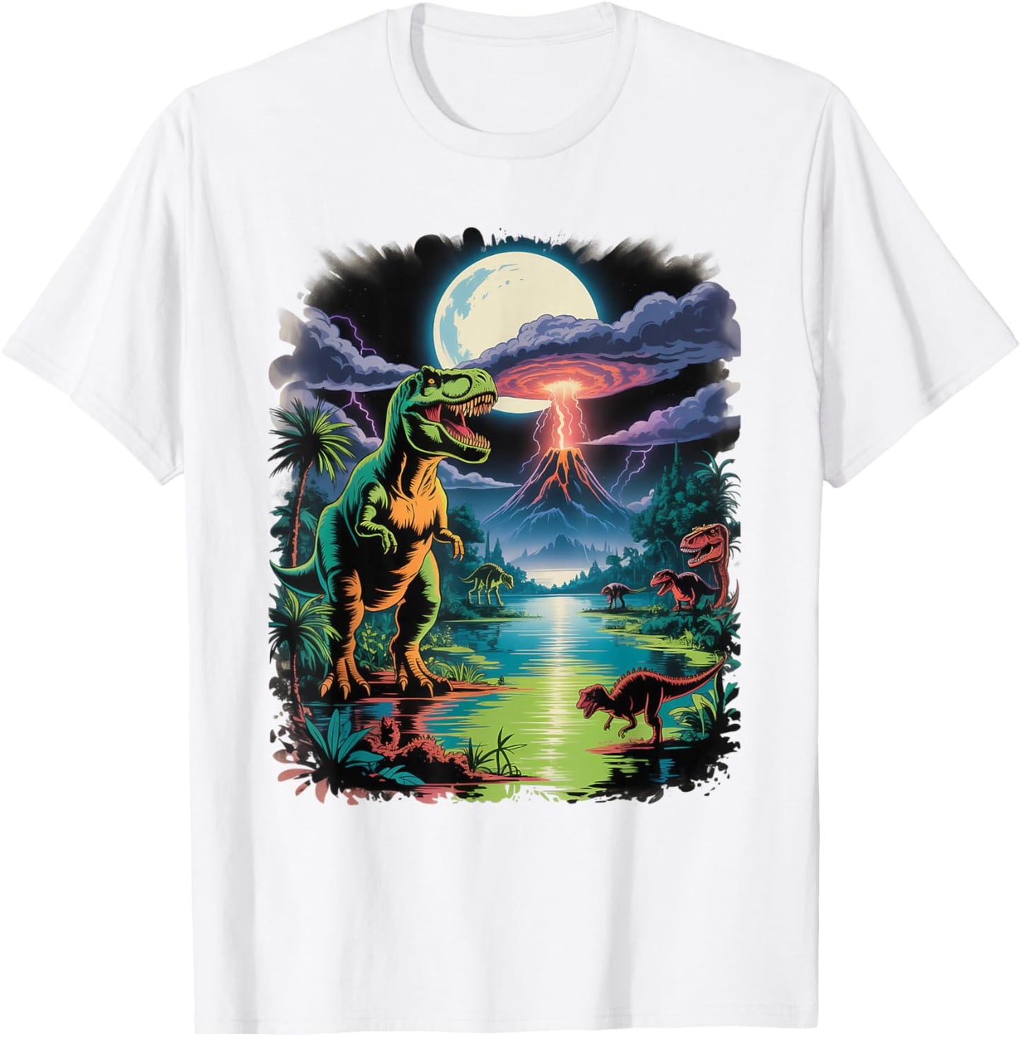 Vintage Retro 90s Airbrushed Dinosaur Jungle Volcano Scene T-Shirt - T-Shirt | White