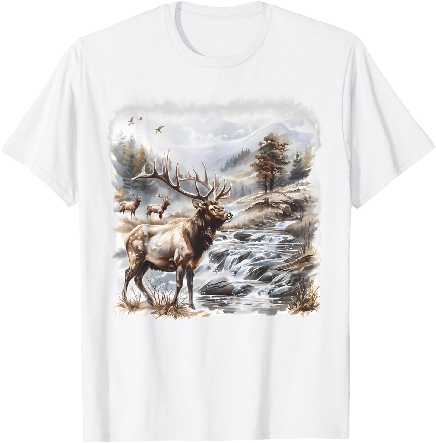 Vintage Elk Fall Hunter Scene 90s Bull Forest Nature Hunting T-Shirt - T-Shirt | White