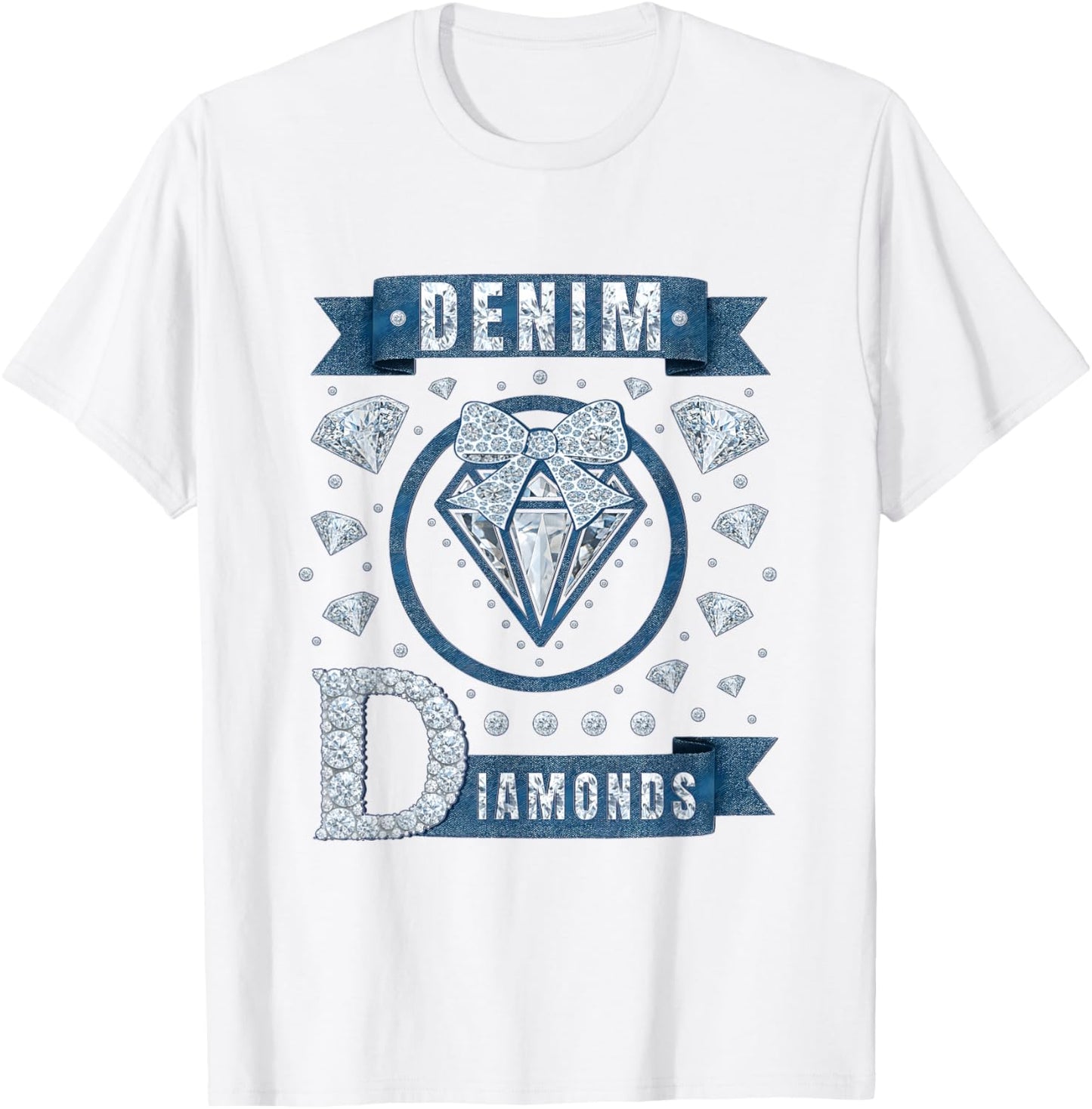 Denim and Diamonds Bow Ladies Girls Women T-Shirt - T-Shirt | White