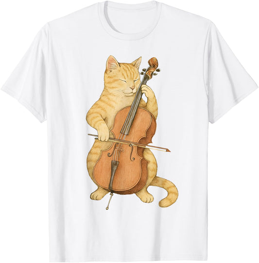 Funny Cat Playing Cello Musician Music Musical Instrument T-Shirt - T-Shirt | White