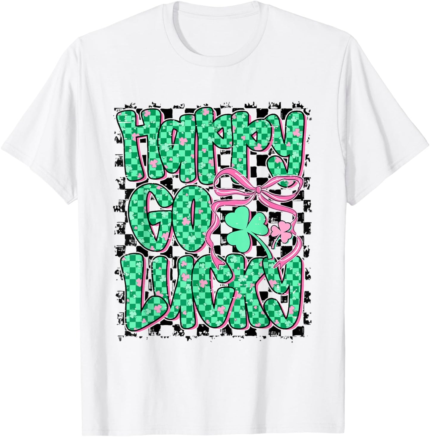 Retro Checkered Happy Go Lucky Shamrock Cute St Patricks Day T-Shirt - T-Shirt | White