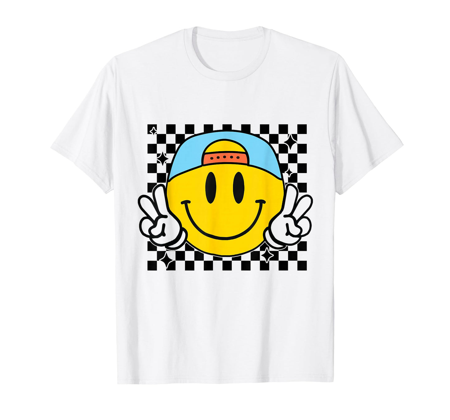 Yellow Smile Face Cute Checkered Peace Smiling Happy Face T-Shirt