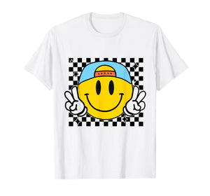 Yellow Smile Face Cute Checkered Peace Smiling Happy Face T-Shirt