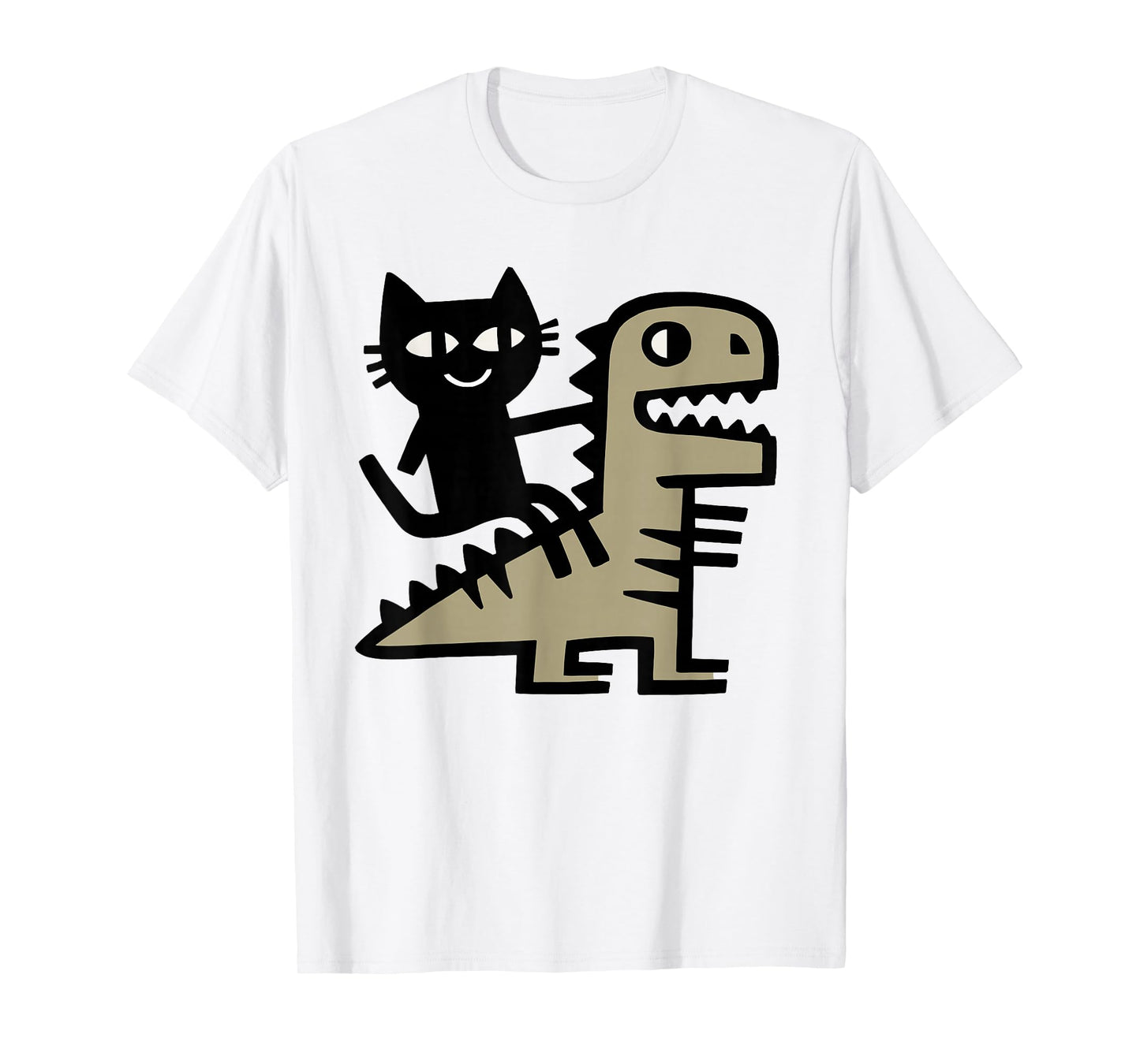 Cat Riding T-Rex Art – Funny Dinosaur and Cat Illustration T-Shirt