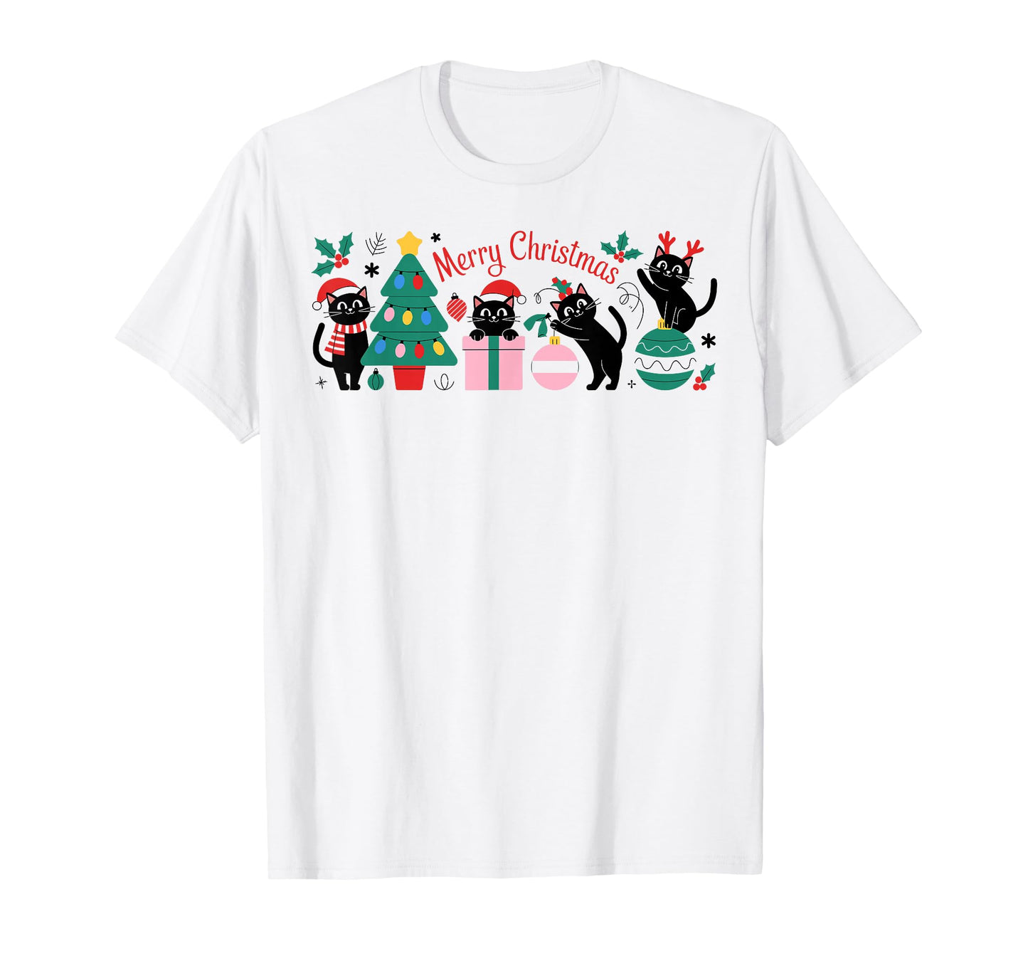 Black Cat Merry Christmas for Funny Men Boys Grandkids Xmas T-Shirt