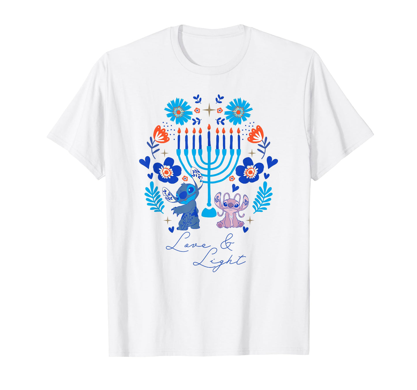 Disney Lilo & Stitch Hanukkah Love & Light Holiday Folk Art T-Shirt