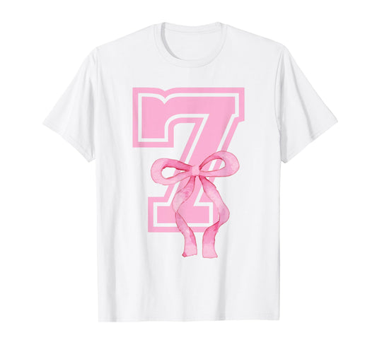 7th Birthday Girl Coquette Pink Bows Seven Years Old Party T-Shirt