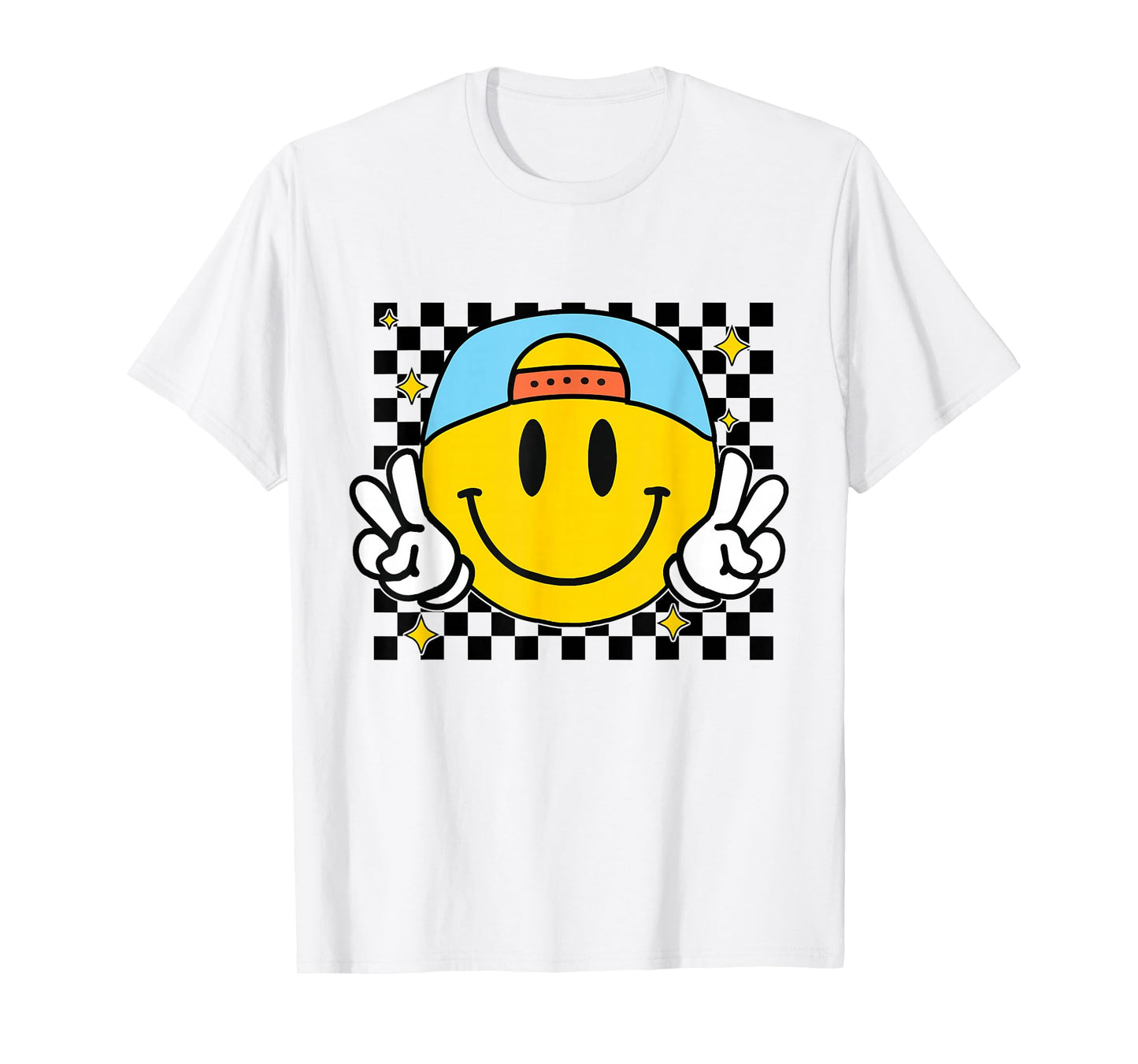 Yellow Smile Face Cute Checkered Peace Smiling Happy Face T-Shirt