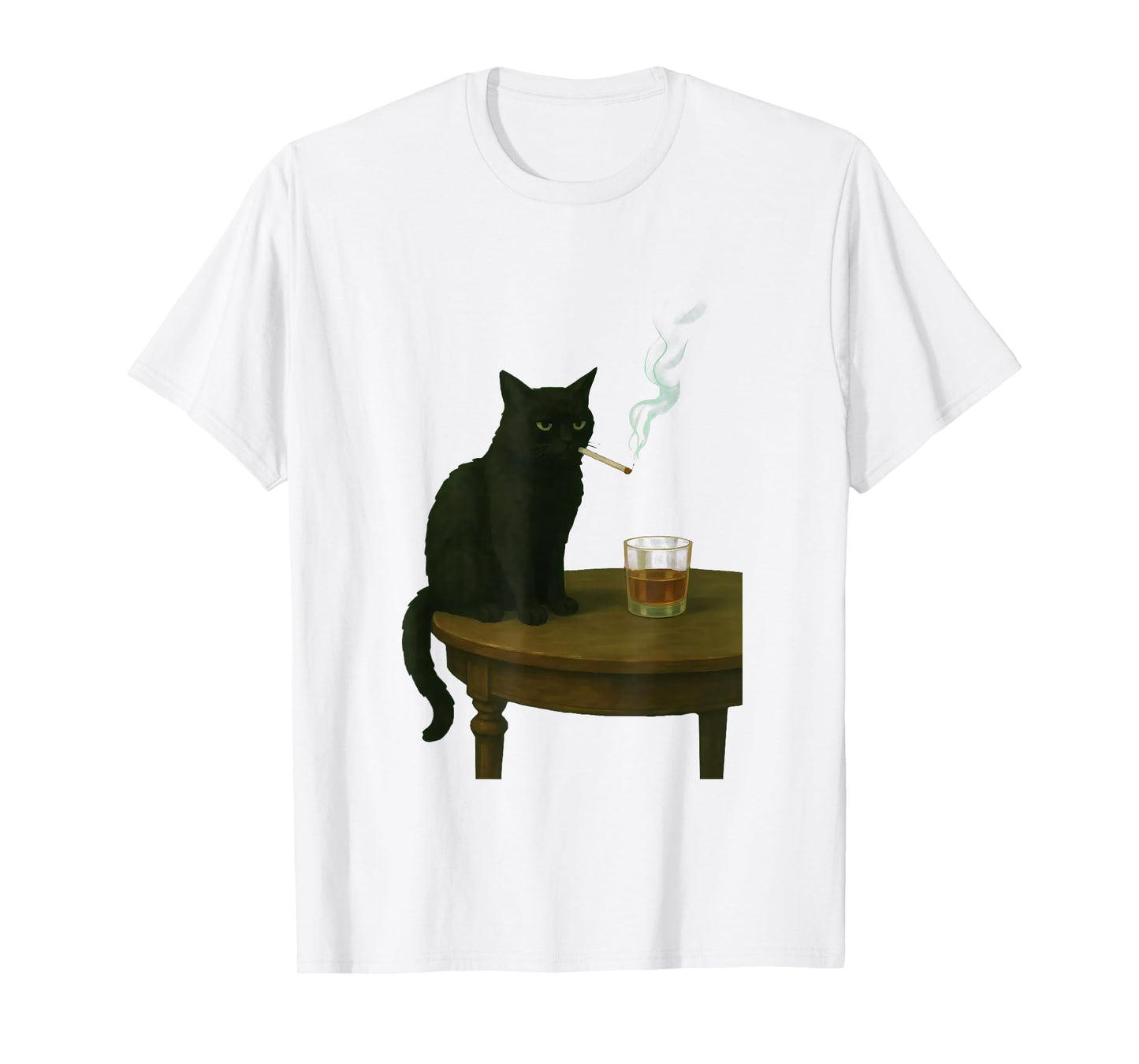 Moody Black Cat Smoking Cat with Whiskey Dark Humor T-Shirt