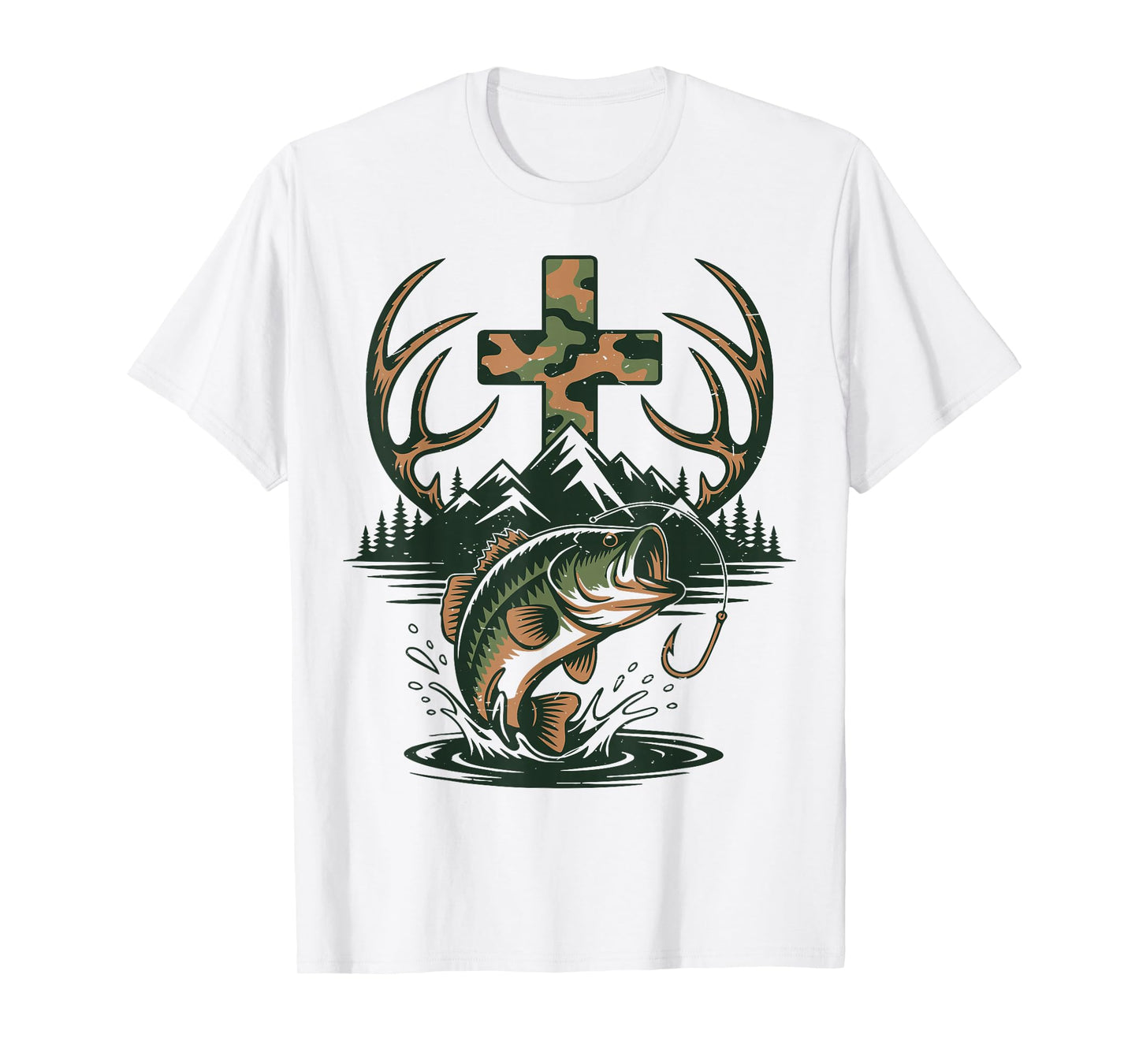 Youth Camo Faith Hunting Fishing Cross Fisherman Christian T-Shirt