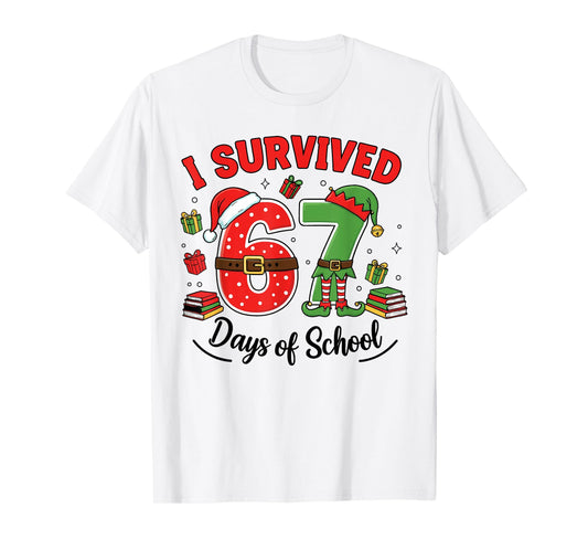 Funny Christmas Teacher Santa I Survived 67 Days of School T-Shirt
