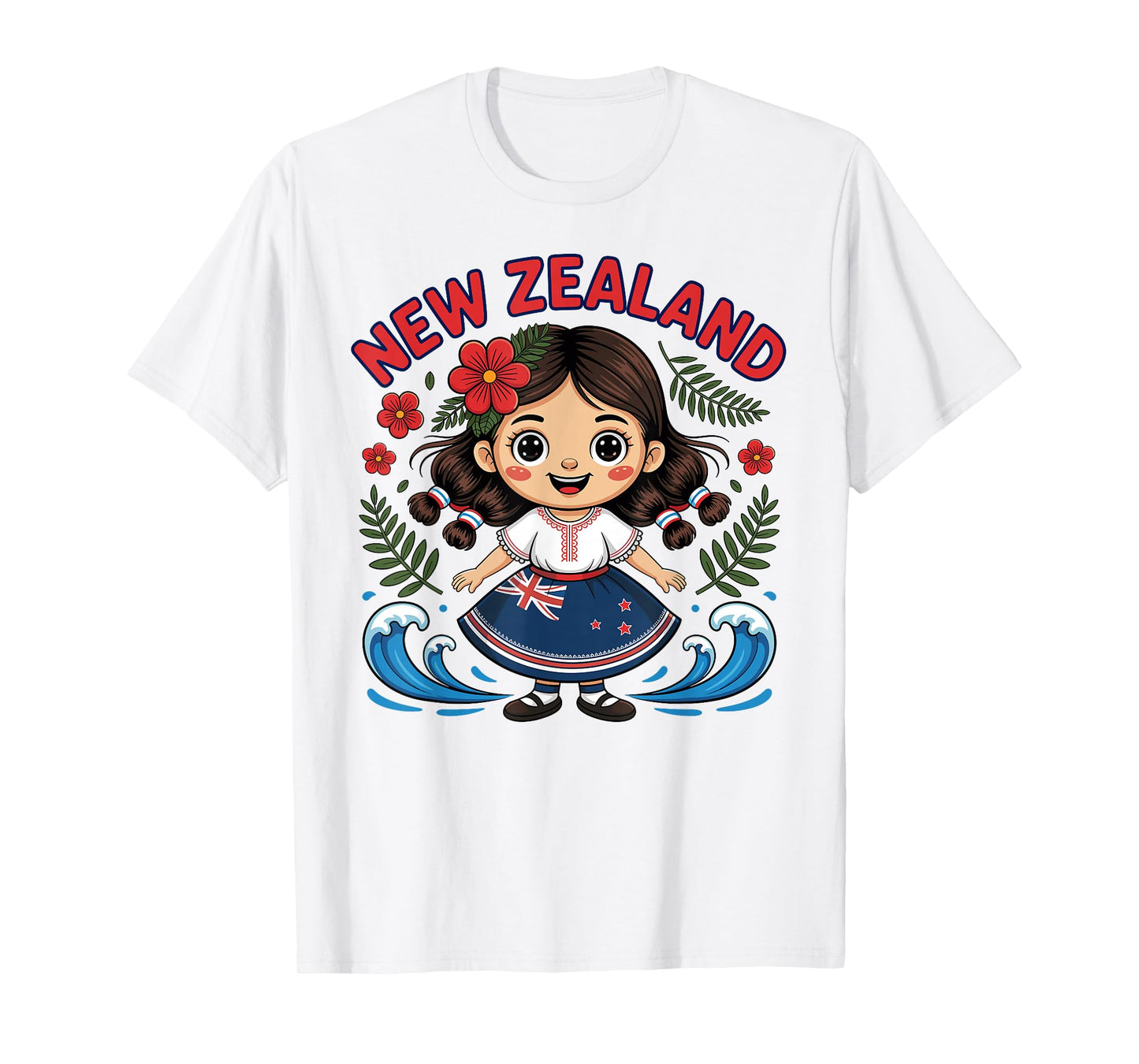 Cute New Zealand Girl with Fern and Waves dor Kids T-Shirt