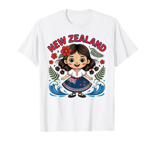 Cute New Zealand Girl with Fern and Waves dor Kids T-Shirt