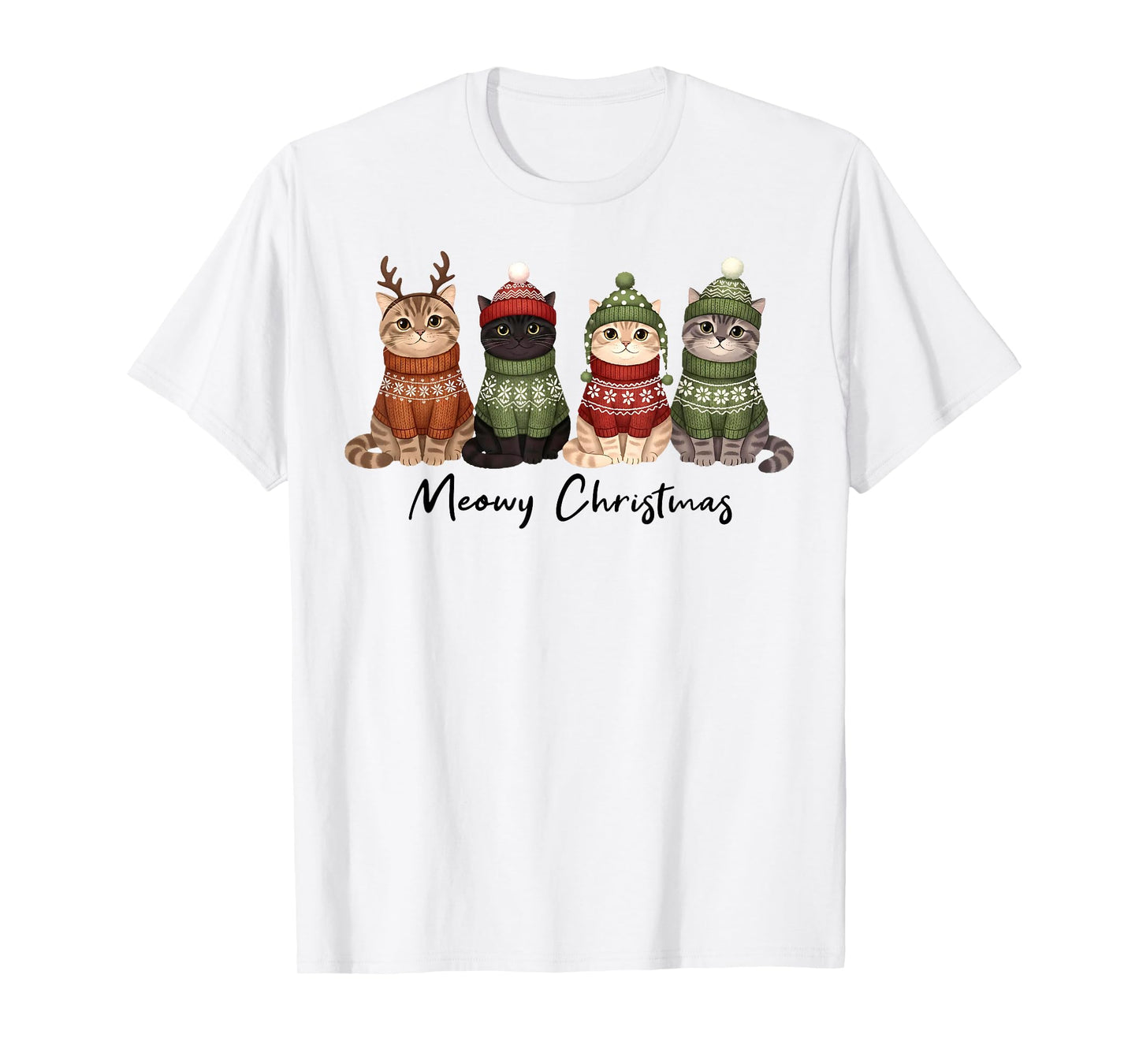 Cat Christmas Light Reindeer Santa Meowy Christmas Cat Lover T-Shirt