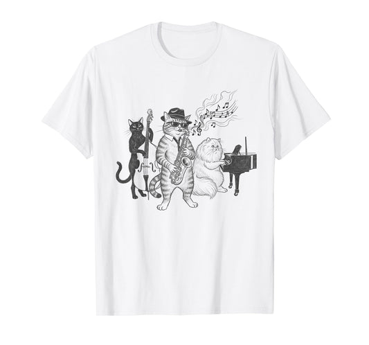 Cats Playing Jazz Saxophone Piano Art Musician Design T-Shirt