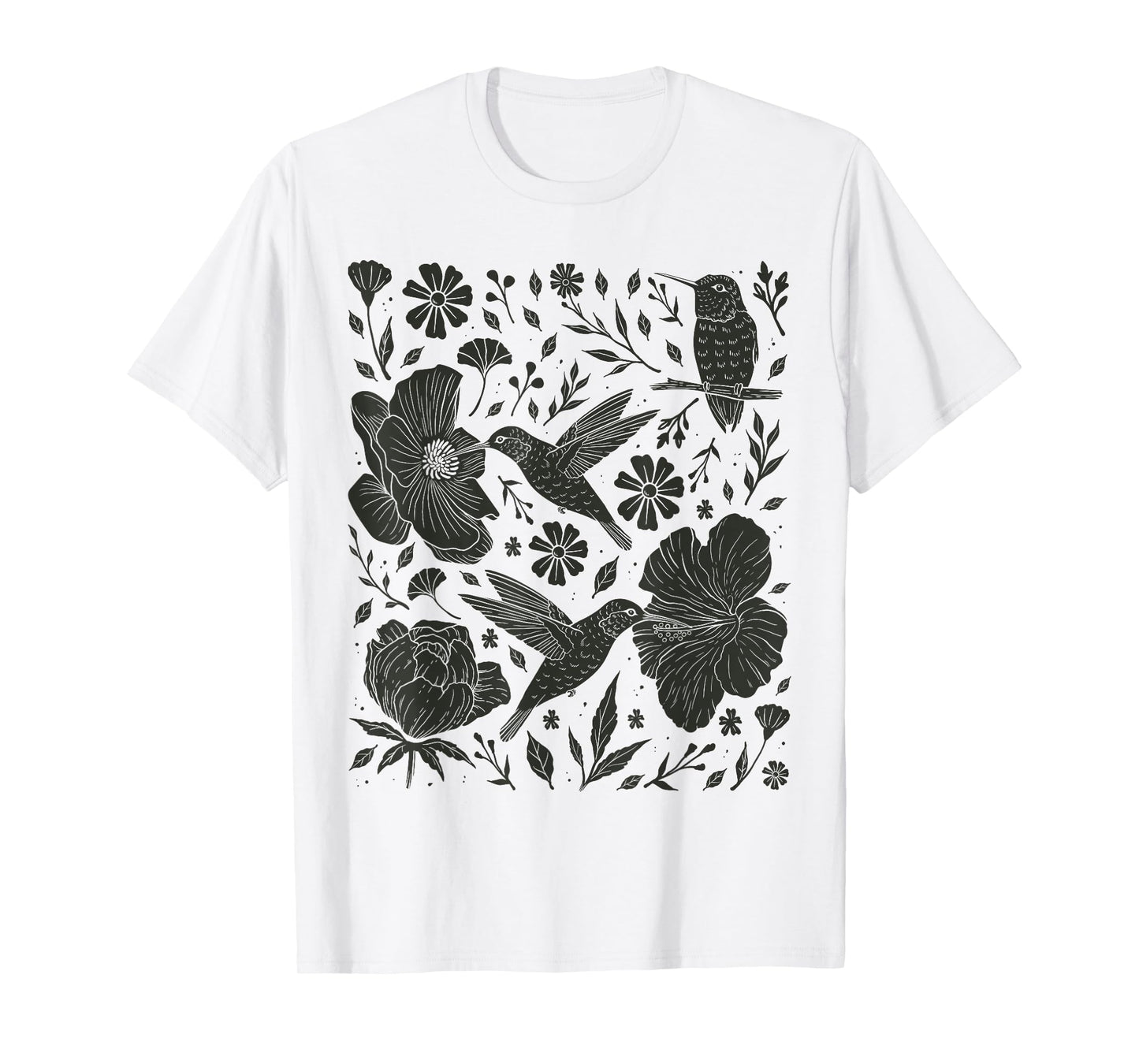 Folklore Forest Hummingbird Linocut Nature Lino Print Folk T-Shirt