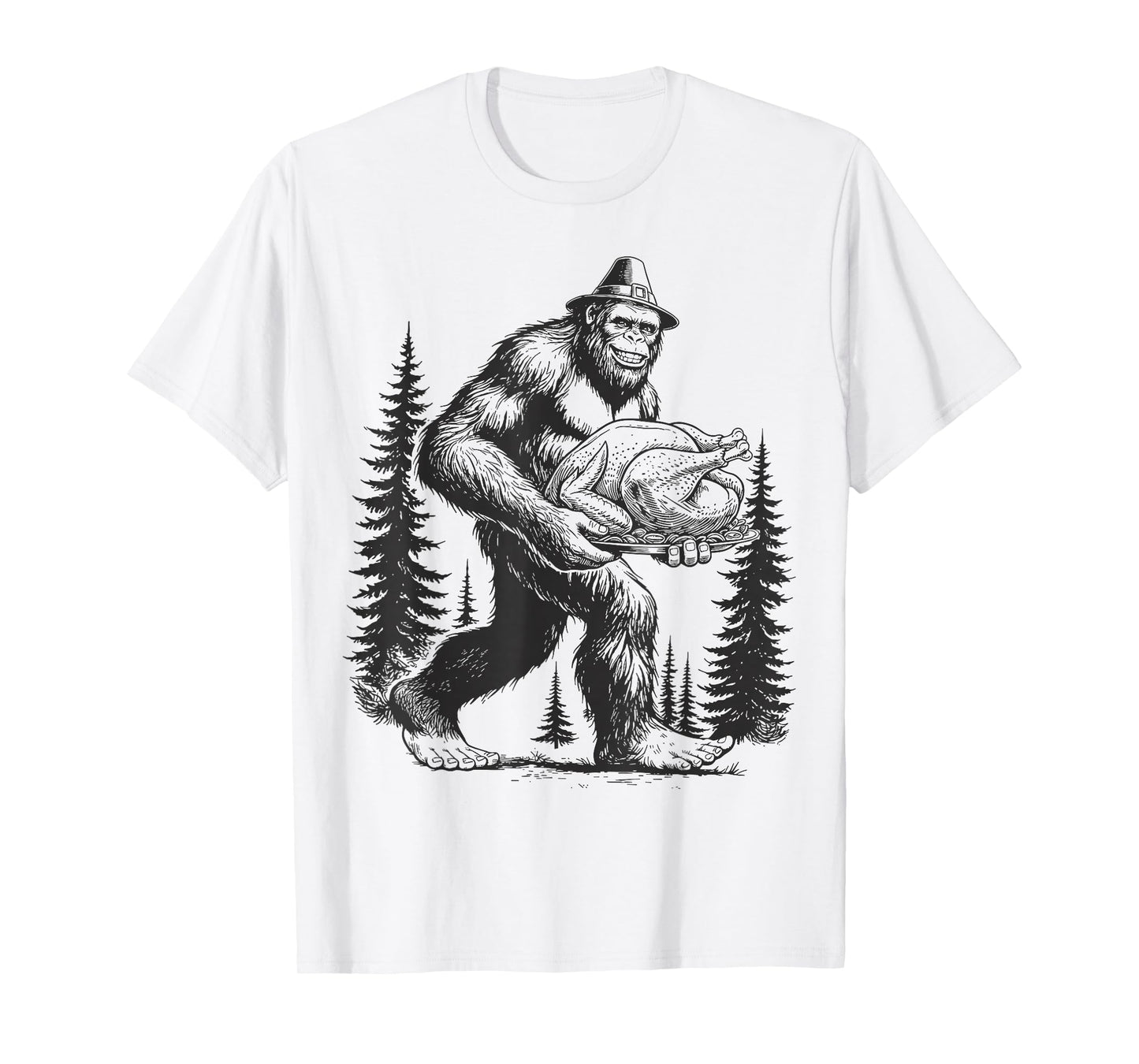 Thanksgiving Bigfoot Funny Sasquatch Carrying Turkey Autumn T-Shirt