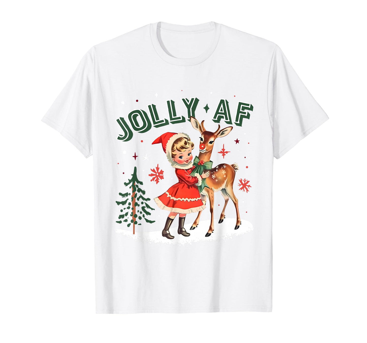 Jolly AF Christmas Retro 50s Cute Girl and Deer Vintage Xmas T-Shirt
