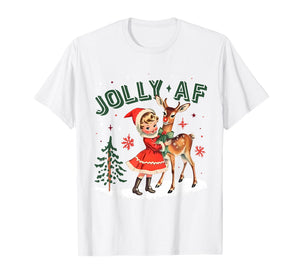 Jolly AF Christmas Retro 50s Cute Girl and Deer Vintage Xmas T-Shirt