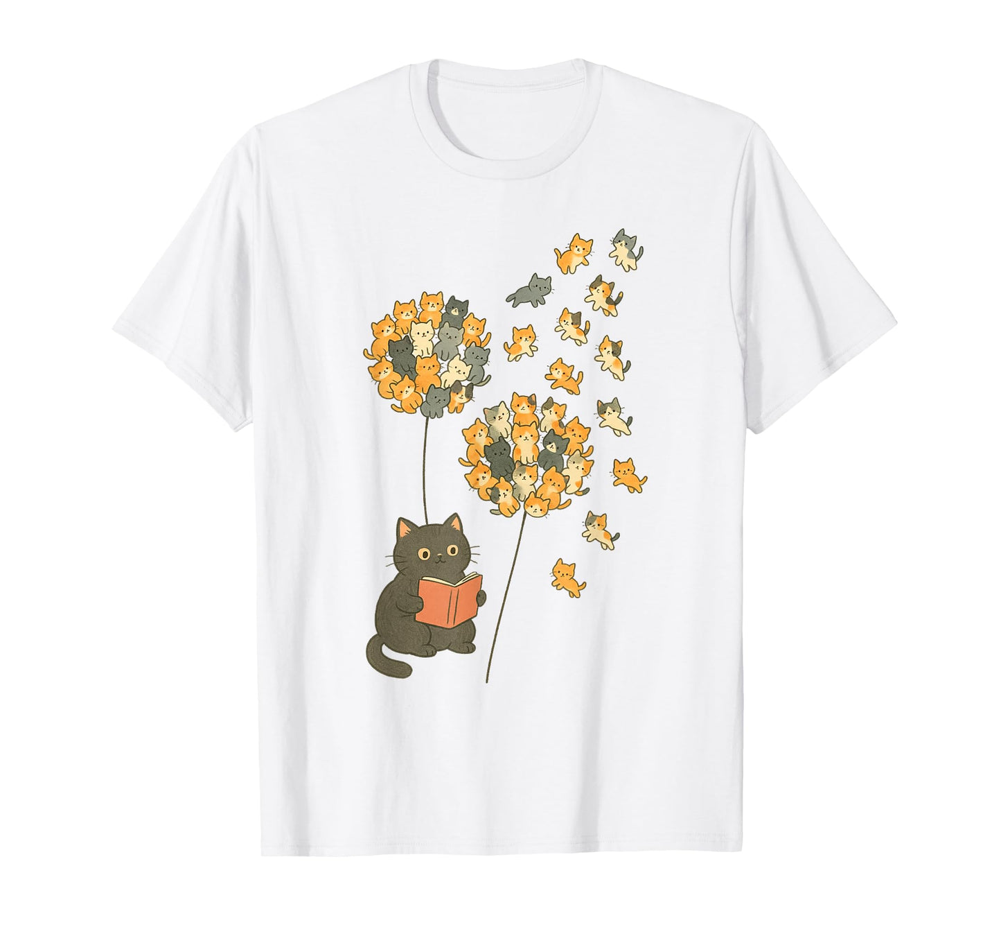 Cute Reading Cat with Kitten Dandelion Flowers Book Lover T-Shirt