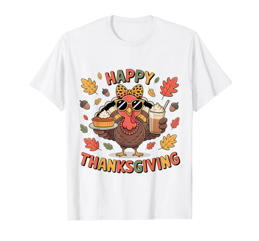 Cute Turkey Drinking iced Coffee Thanksgiving Bow Women Girl T-Shirt