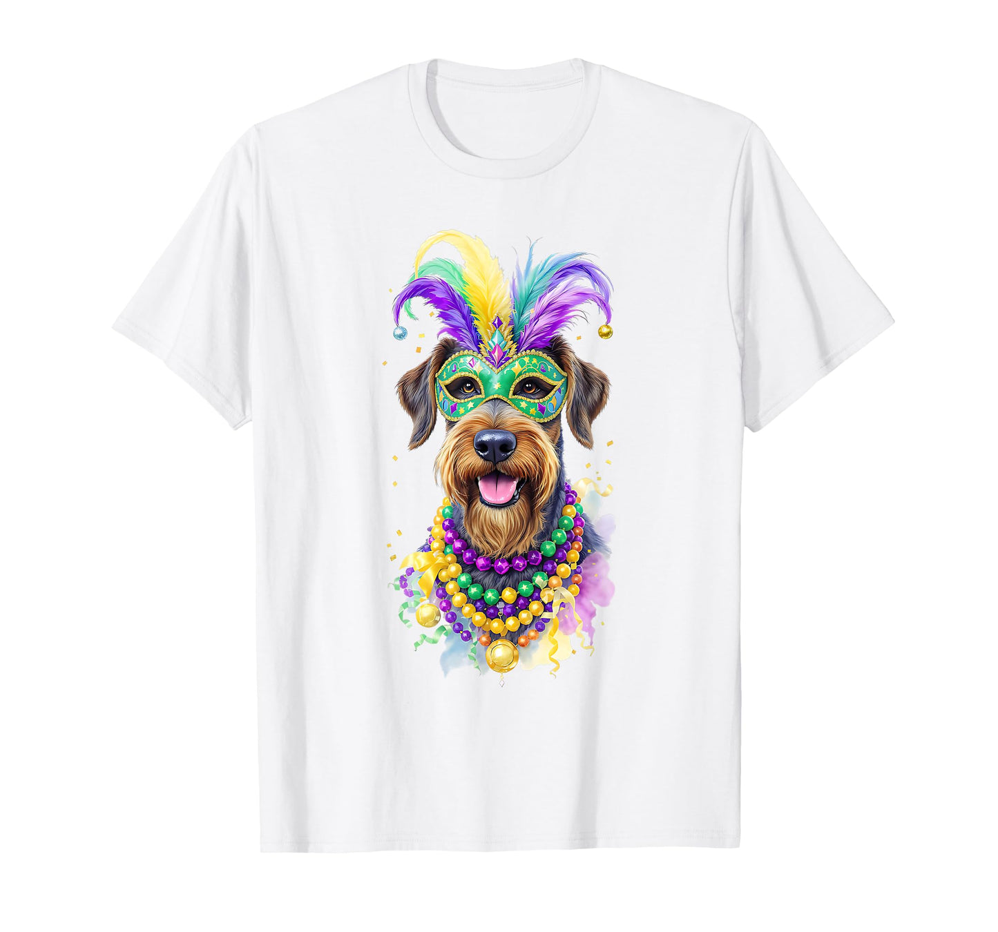 Mardi Gras Airedale Terrier Dog Carnival Mask Beads Art T-Shirt