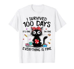 Funny Cat I Survived 100 Days of School Shirts Teacher Kids T-Shirt