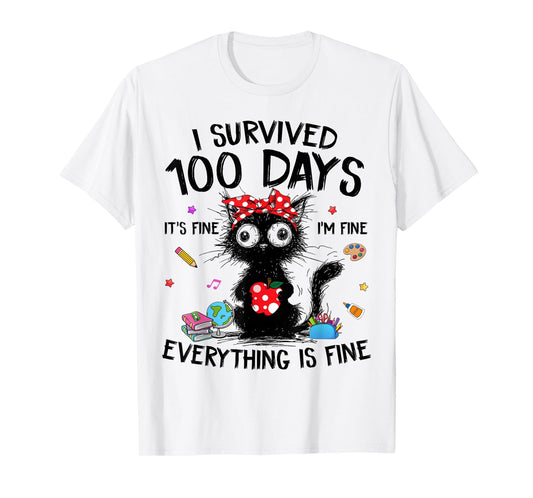 Funny Cat I Survived 100 Days of School Shirts Teacher Kids T-Shirt