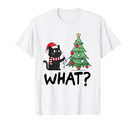 Funny Black Cat Gifts Pushing Christmas Tree Over Cat What T-Shirt