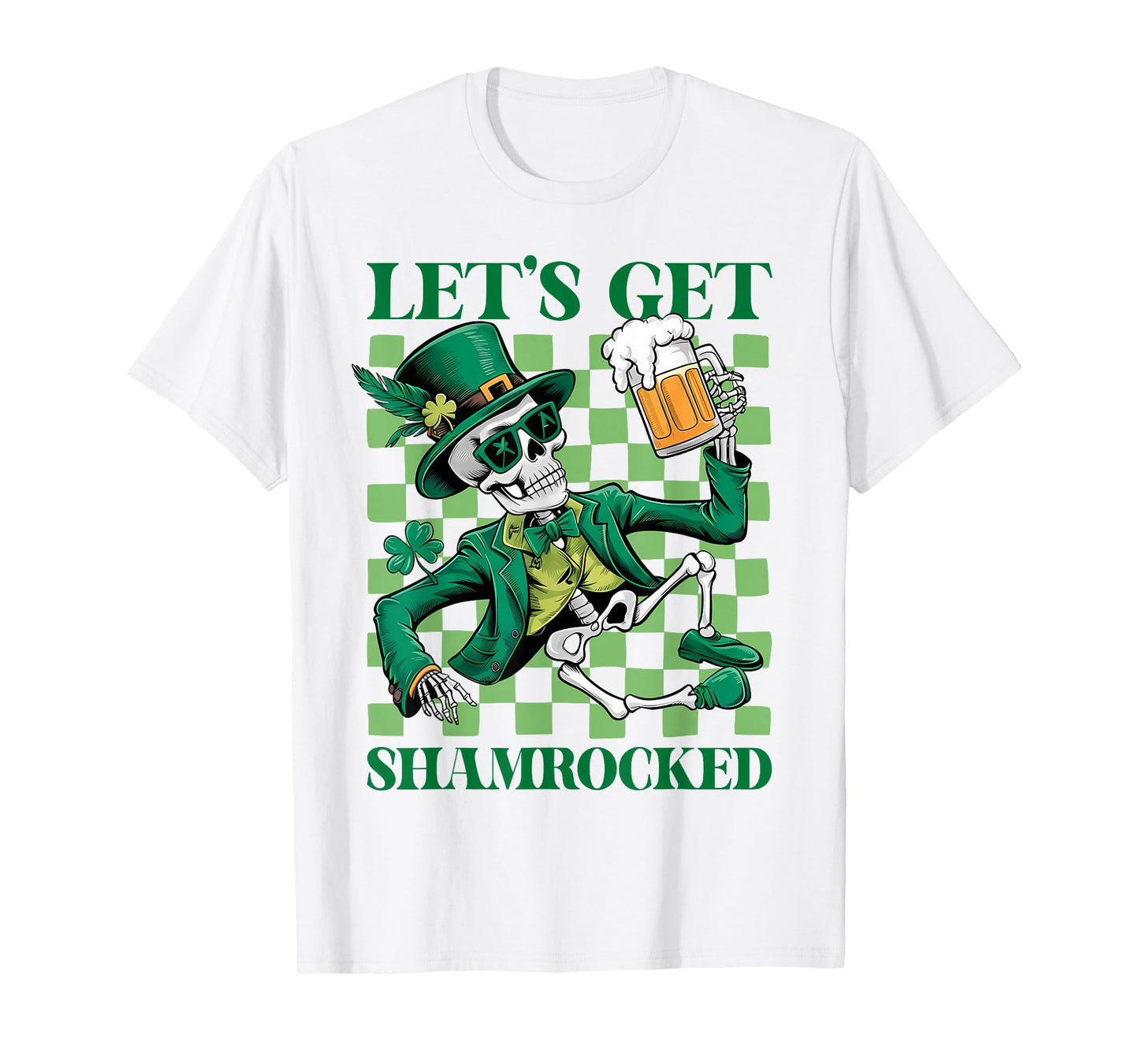Lets Get Retro Shamrocked Skeleton Drink Checkered Graphic T-Shirt