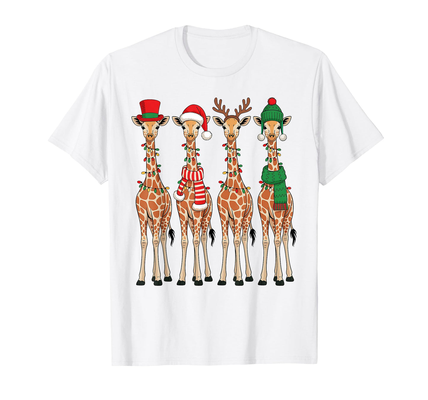 Cute Christmas Giraffes Reindeer Santa Hat Lights Holiday T-Shirt