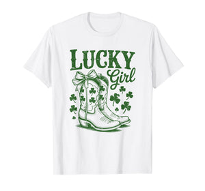 Lucky Girl St Patricks Day Western Cowgirl Boots Shamrock T-Shirt