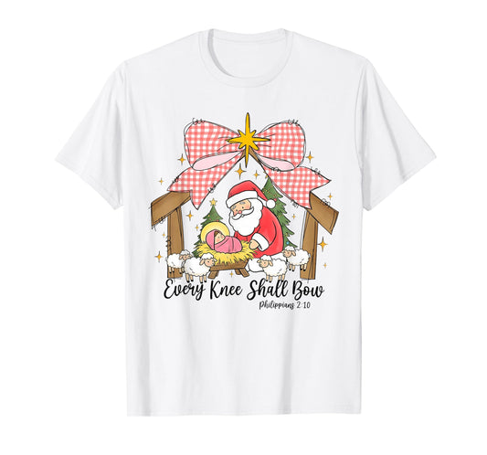 Every Knee Shall Bow Kneeling Santa Baby Jesus Nativity T-Shirt