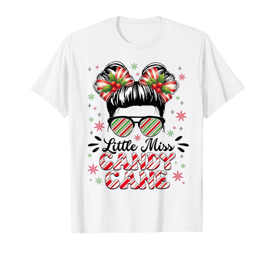 Little Miss Candy Cane Christmas Messy Bun Toddler Girl Kids T-Shirt