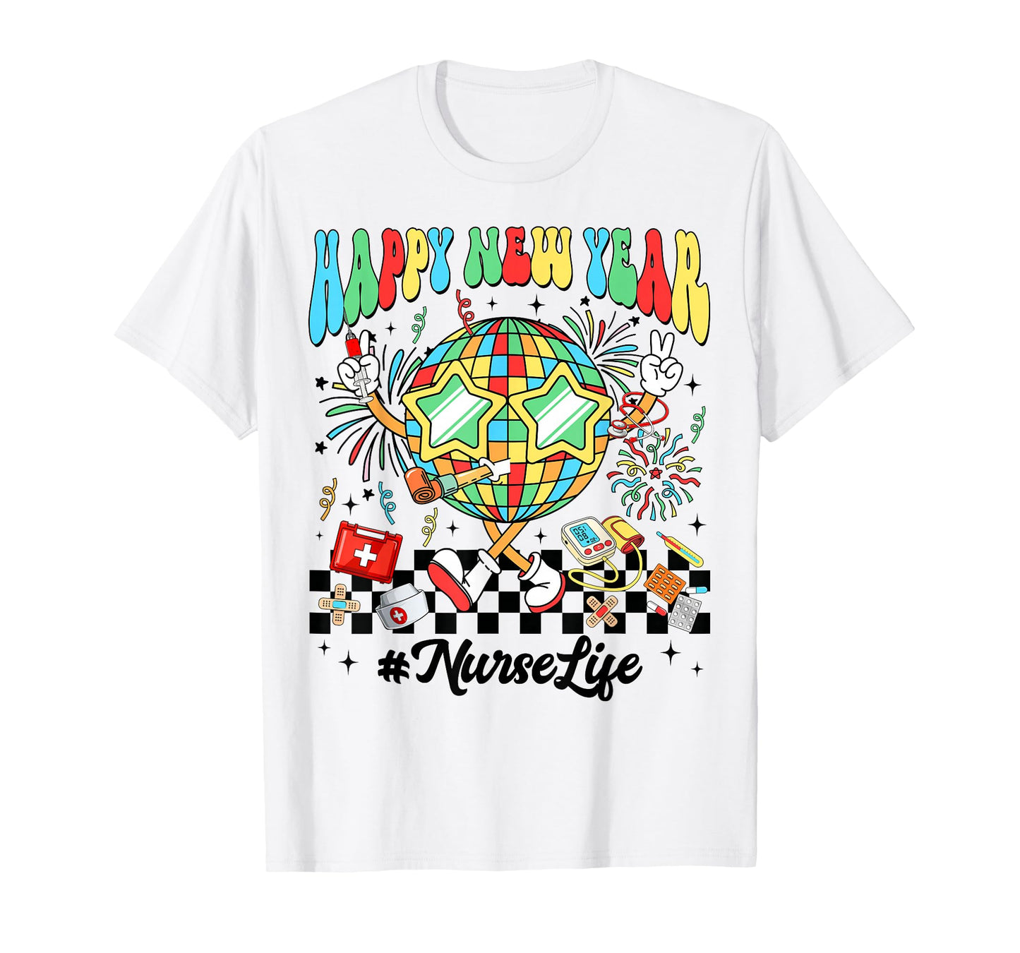 Groovy Happy New Year 2026 Nurse Life Disco Ball Fireworks T-Shirt