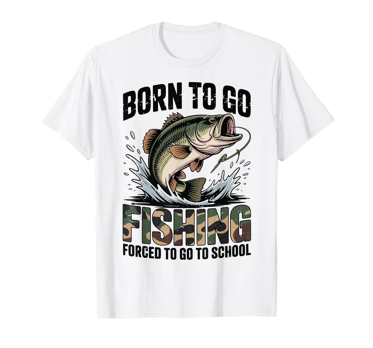 Youth Boy Camo Bass Fish Born Go Fishing Forced School Funny T-Shirt
