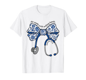 She Works with Willing Hands Proverbs 31 13 Christian Nurse T-Shirt