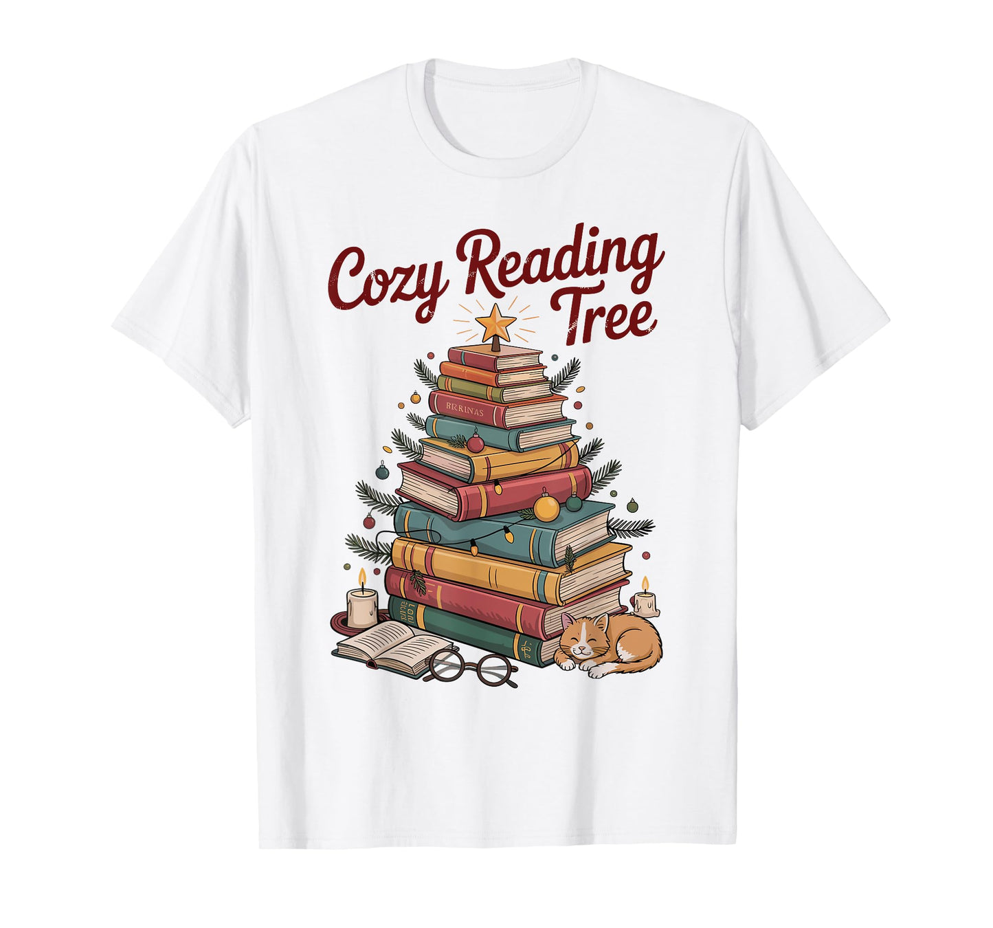 Cozy Christmas Reading Tree Cat Candle Stack Bookish Funny T-Shirt