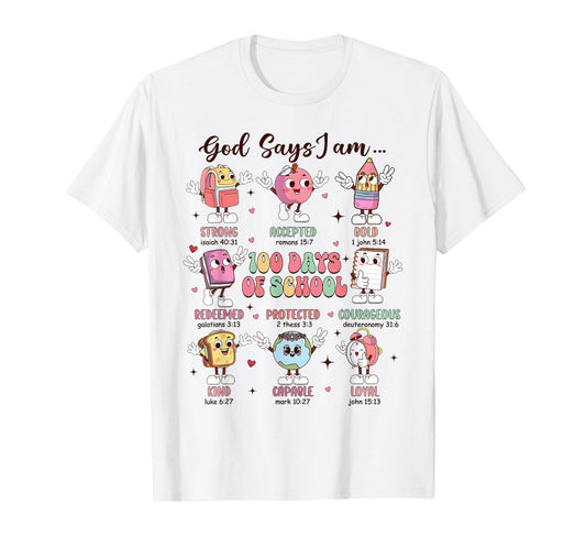 Retro God Says I Am 100 Days of School Christian Bible Verse T-Shirt